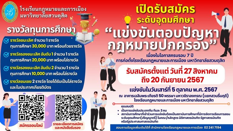 Read more about the article เปิดรับสมัคร “แข่งขันตอบปัญหากฎหมายปกครอง” เนื่องในโอกาสครบรอบ 7 ปี การก่อตั้งโรงเรียนกฎหมายและการเมือง มหาวิทยาลัยสวนดุสิต ระดับอุดมศึกษา (ปริญญาตรี) รับสมัครตั้งแต่วันนี้ – 20 กันยายน 2567